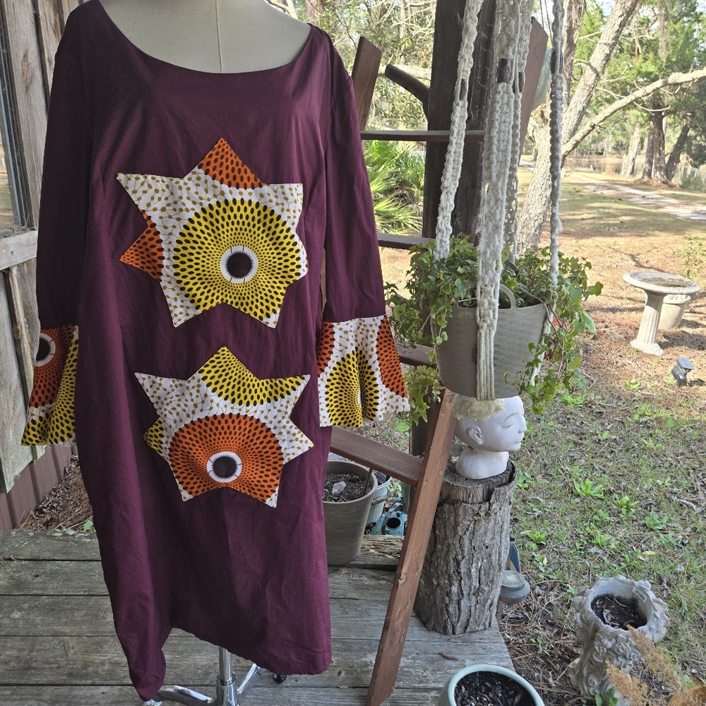 Binta Real Wax Burgundy African Style Midi Dress With Bell Sleeves